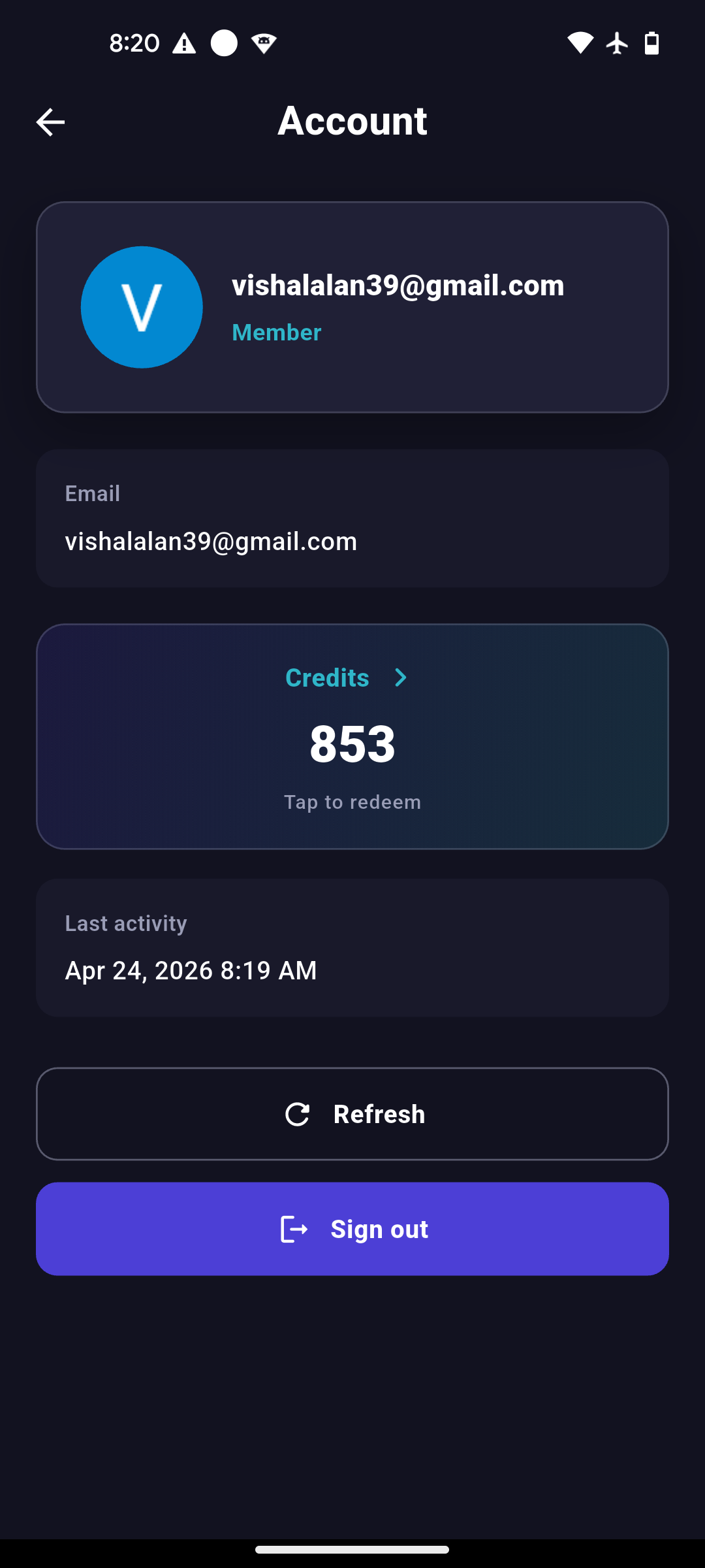 Account screen